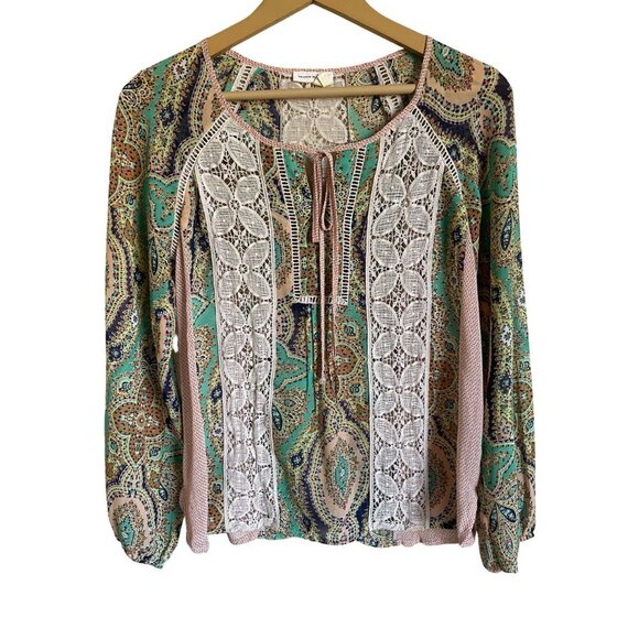 Anthropologie Meadow Rue Giada Crochet Semi Sheer Multicolor Peasant Blouse Long - Picture 2 of 7